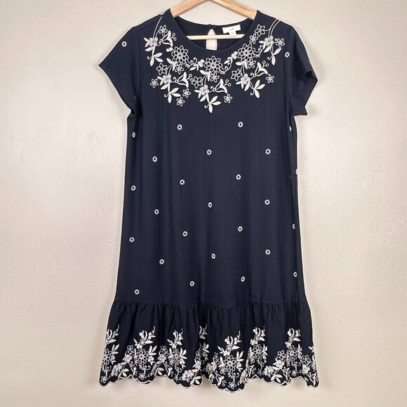 J. Jill The Date Night Dress Women S Navy Embroidered Floral Tiered Scalloped - Picture 1 of 12